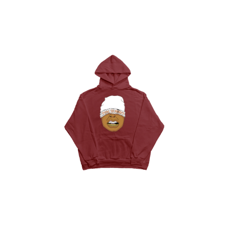 Red hoodie with a graphic design on the back against a white background